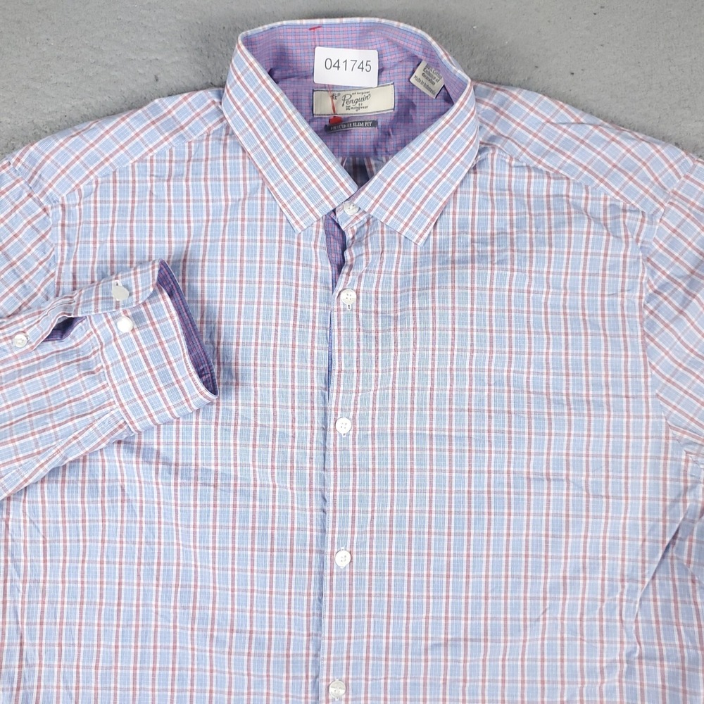Penguin Shirt Mens 17.5 Blue Red Plaid Dress Button Up Long Sleeve